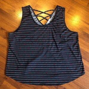 Sweet Rain Cat Face Tank Top. 3X. Dark blue, red and white.
